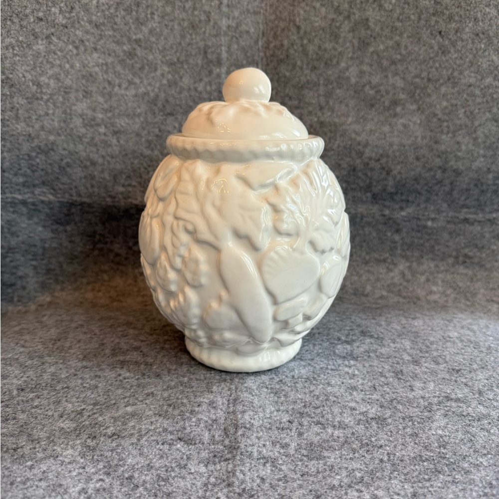 PORTA White Embossed Cookie Jar with a Mushroom Lid - Made in Portugal 7.5”H